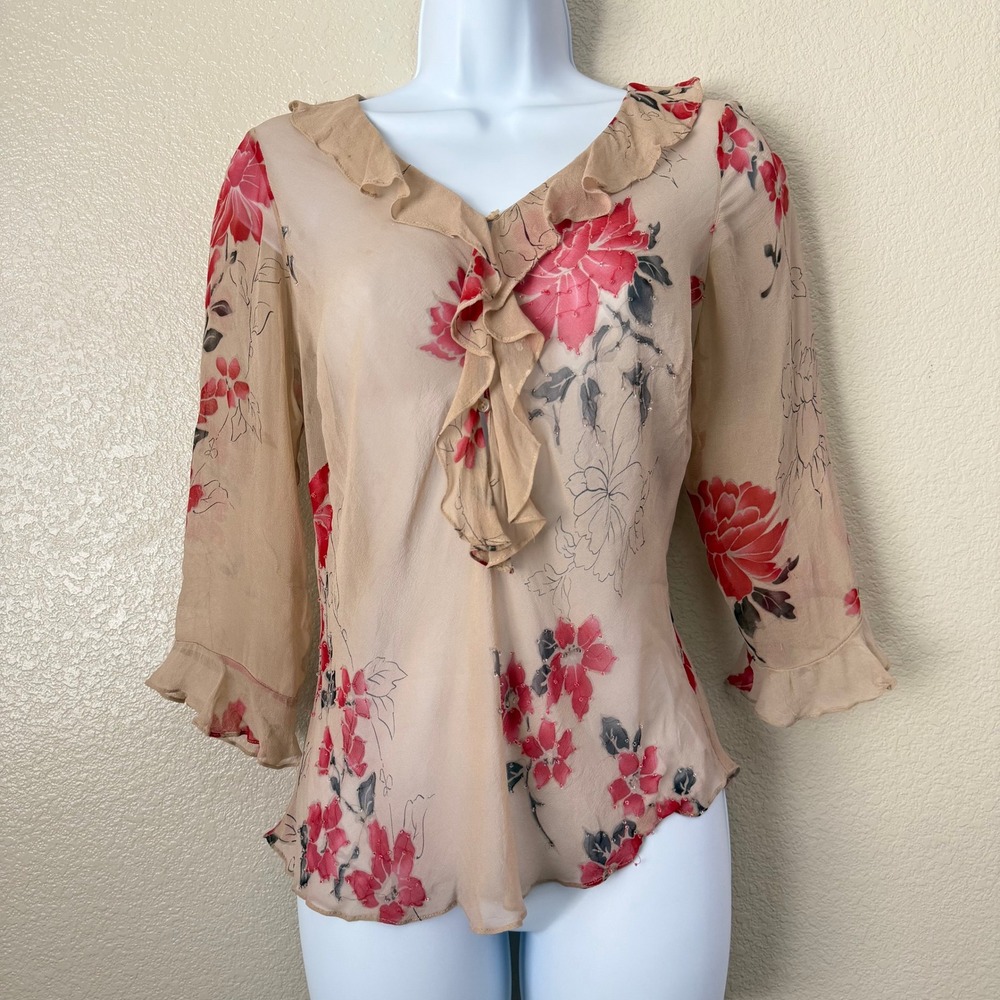 Y2K Euro Floral Beaded 100% Silk Ruffle Sheer Top Vision Apparel Tan Red Medium - Picture 3 of 11